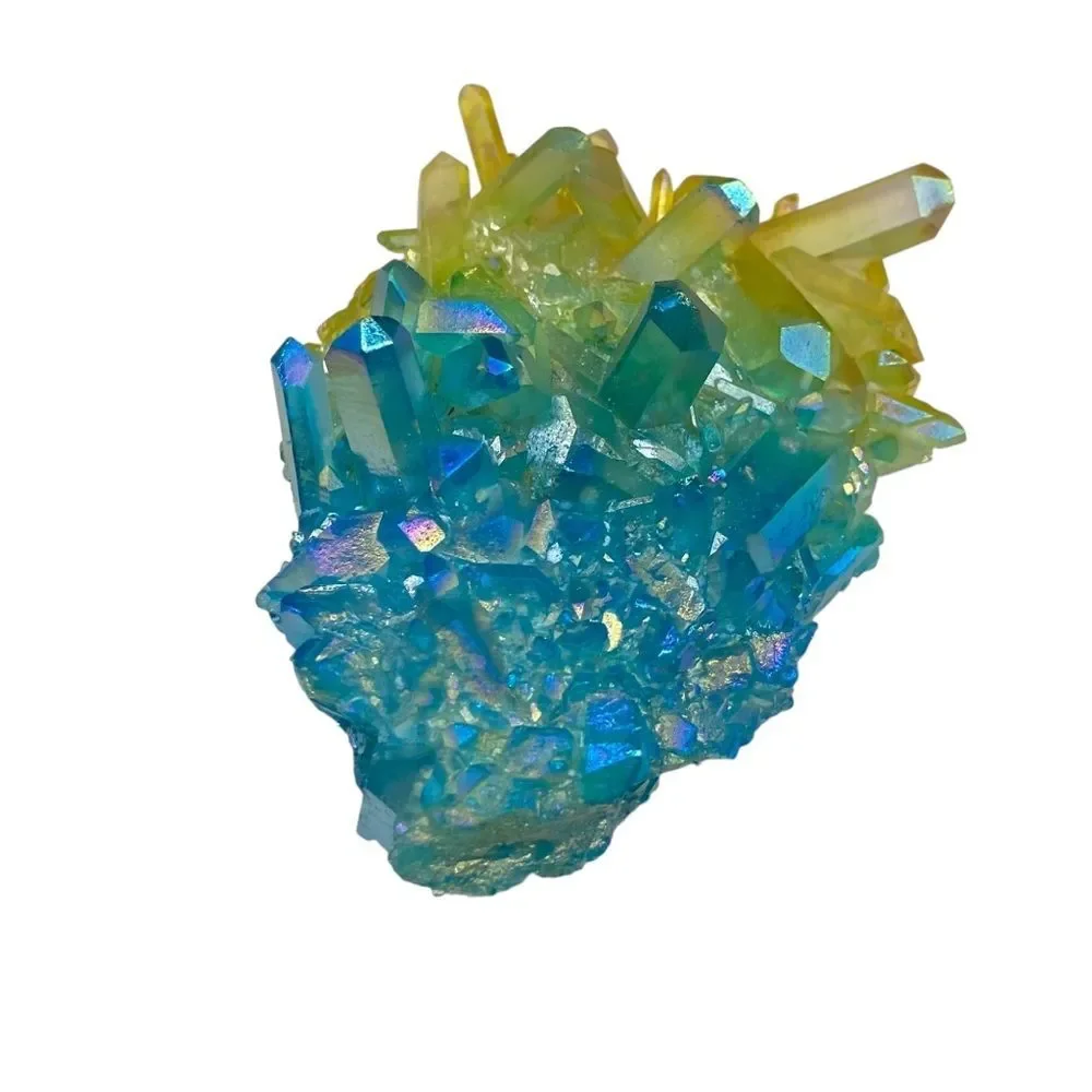 Aura Quartz Crystal Cluster Yellow Blue Clear Iridescent Stone Display Gift